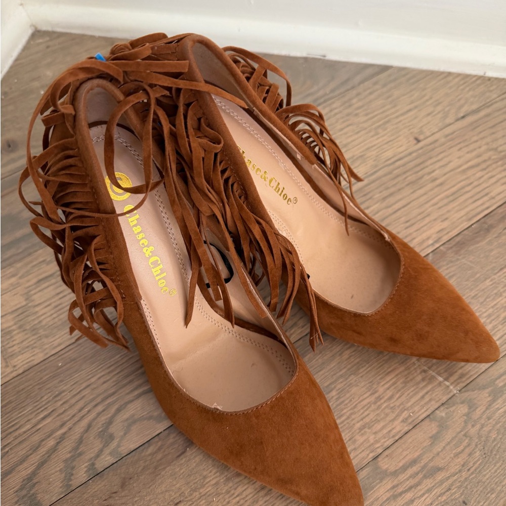 Chase + Chloe Brown Fringe Heels